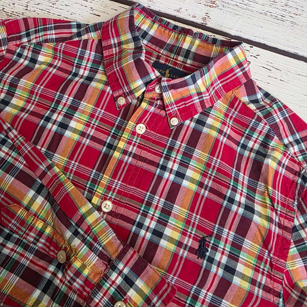Ralph Lauren Boys Red Plaid Long Sleeve Button Down Shirt Size Large 14-16 Hole